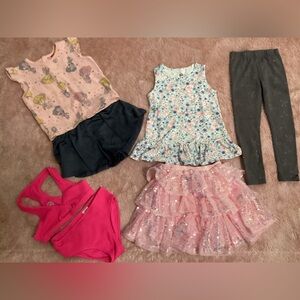 Girls Mixed Clothing Lot - Pink Tulle Skirt, Floral Tops, Dark Leggings